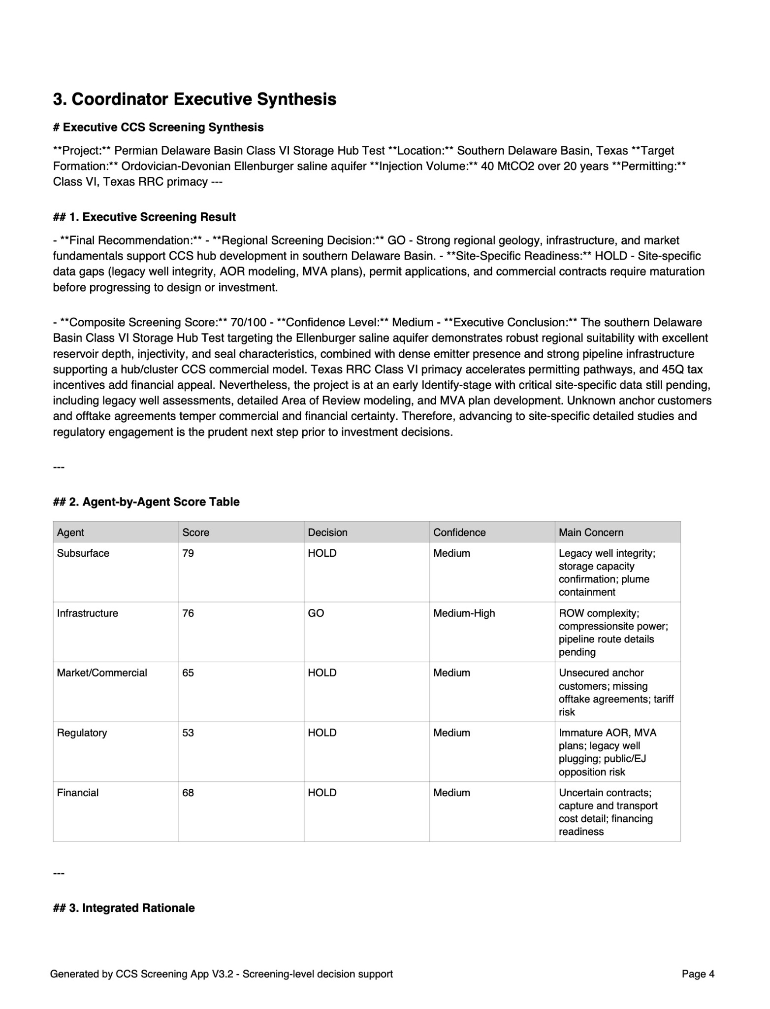 Coordinator executive synthesis report page