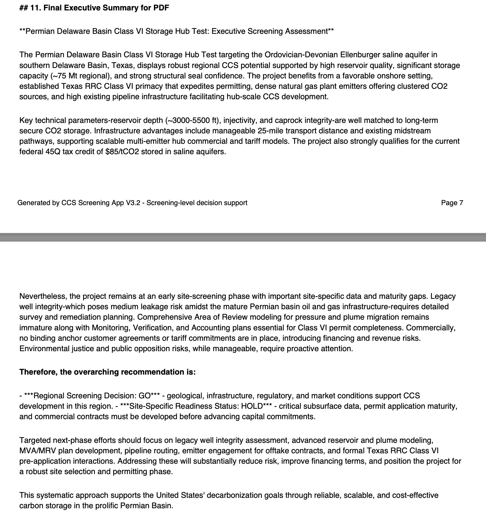 Final executive summary report page